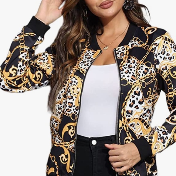 Womens Stand Collar Leopard Coat Long Sleeve Shirt Floral Printed Zip Up Casual